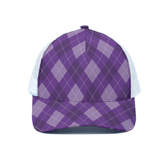 Purple Argyle Pattern Print White Mesh Trucker Cap