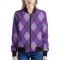 Purple Argyle Pattern Print Women's Bomber Jacket