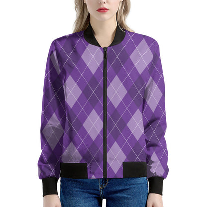 Purple Argyle Pattern Print Women's Bomber Jacket