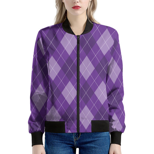 Purple Argyle Pattern Print Women's Bomber Jacket