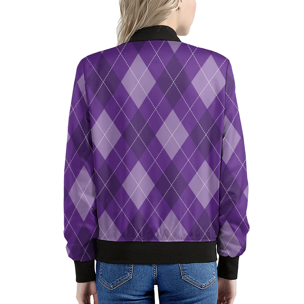 Purple Argyle Pattern Print Women's Bomber Jacket