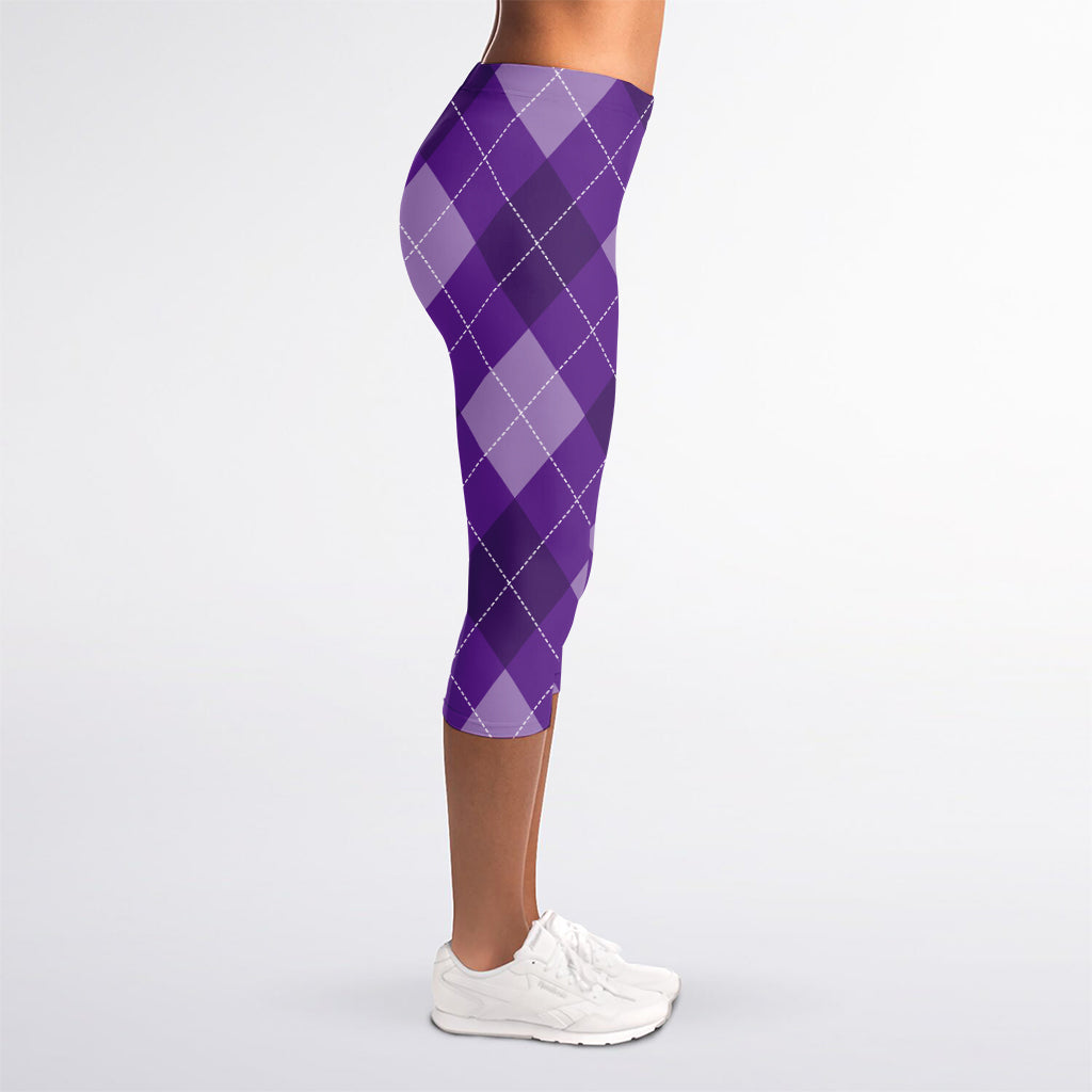 Purple Argyle Pattern Print Women's Capri Leggings