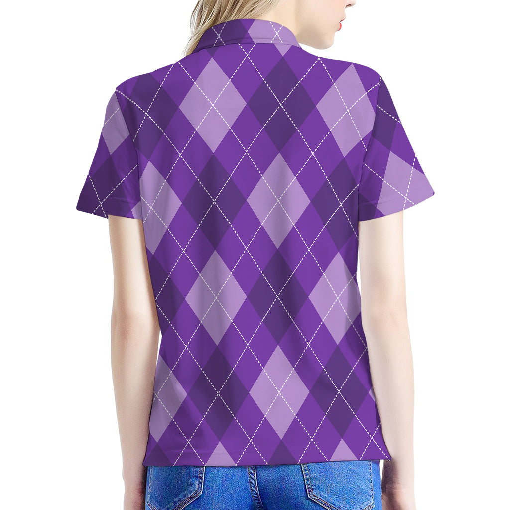Purple Argyle Pattern Print Women's Polo Shirt