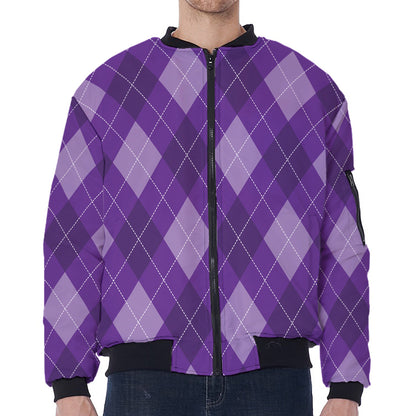 Purple Argyle Pattern Print Zip Sleeve Bomber Jacket