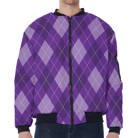 Purple Argyle Pattern Print Zip Sleeve Bomber Jacket
