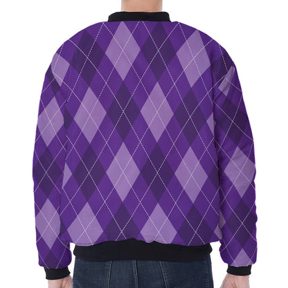 Purple Argyle Pattern Print Zip Sleeve Bomber Jacket