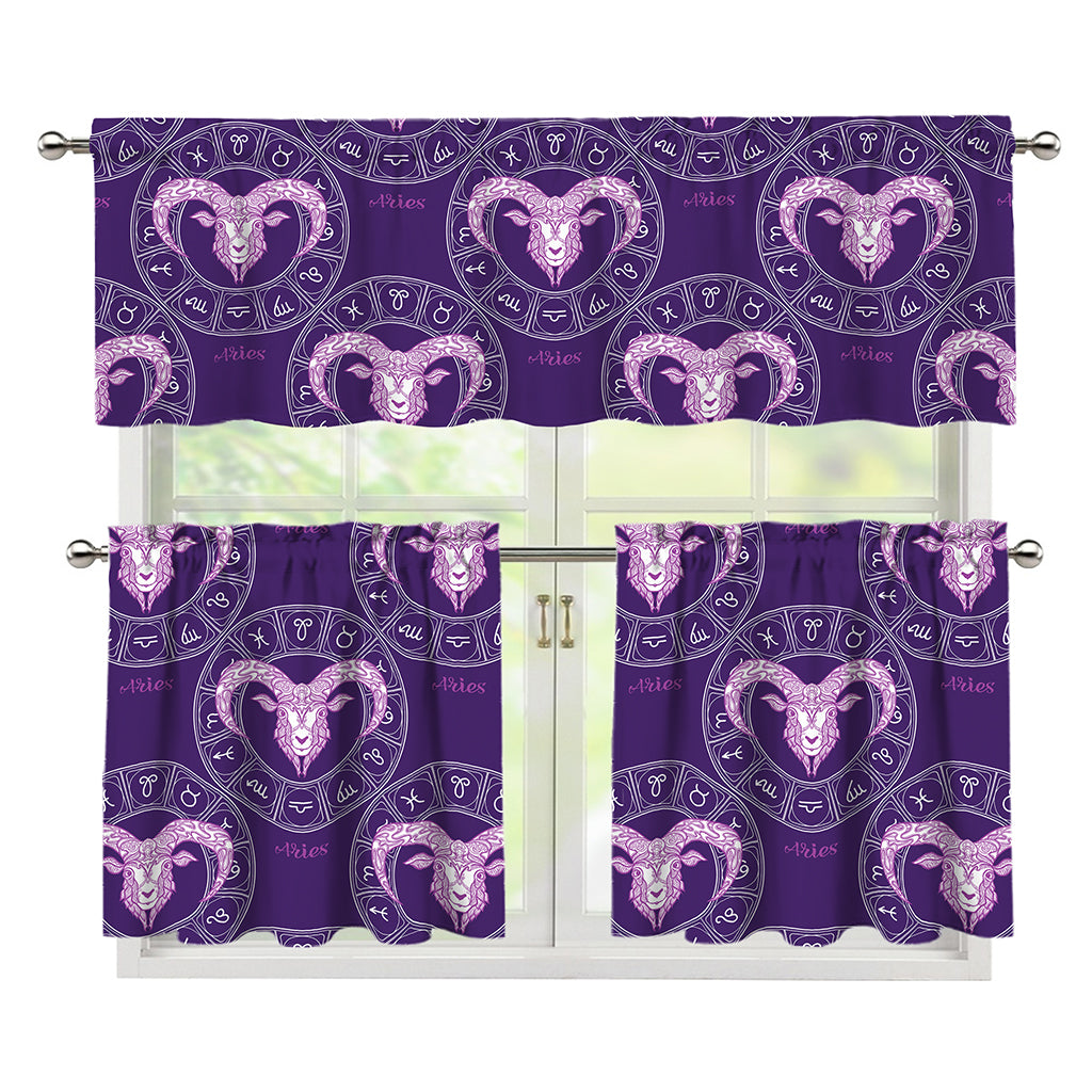 Purple Aries Zodiac Pattern Print 3 Piece Kitchen Curtains