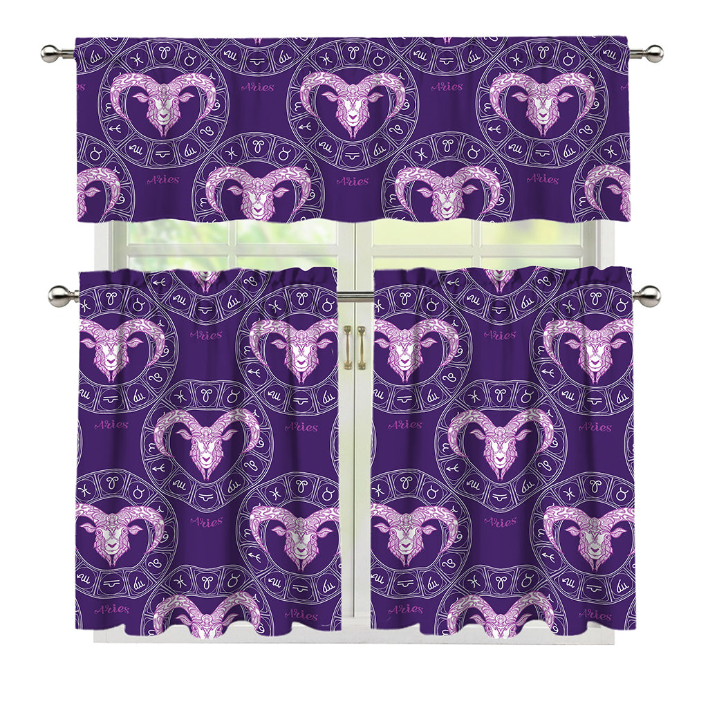 Purple Aries Zodiac Pattern Print 3 Piece Kitchen Curtains