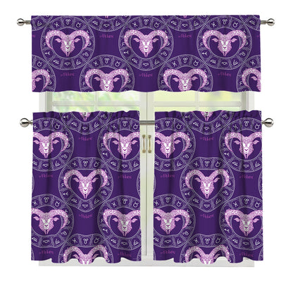 Purple Aries Zodiac Pattern Print 3 Piece Kitchen Curtains