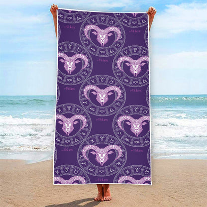 Purple Aries Zodiac Pattern Print Beach Towel