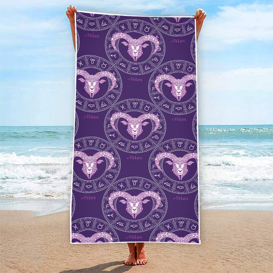 Purple Aries Zodiac Pattern Print Beach Towel