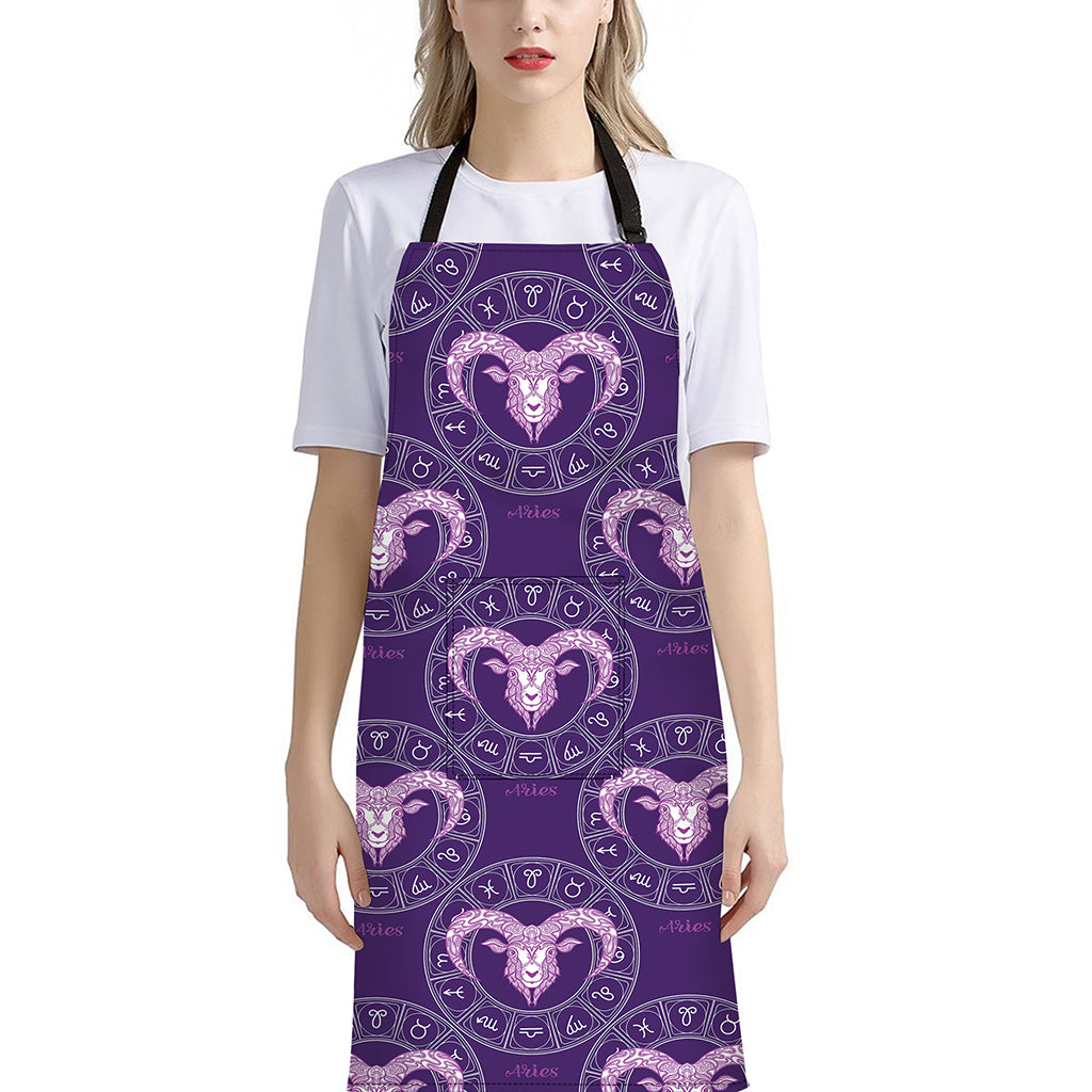 Purple Aries Zodiac Pattern Print Bib Apron With Pocket