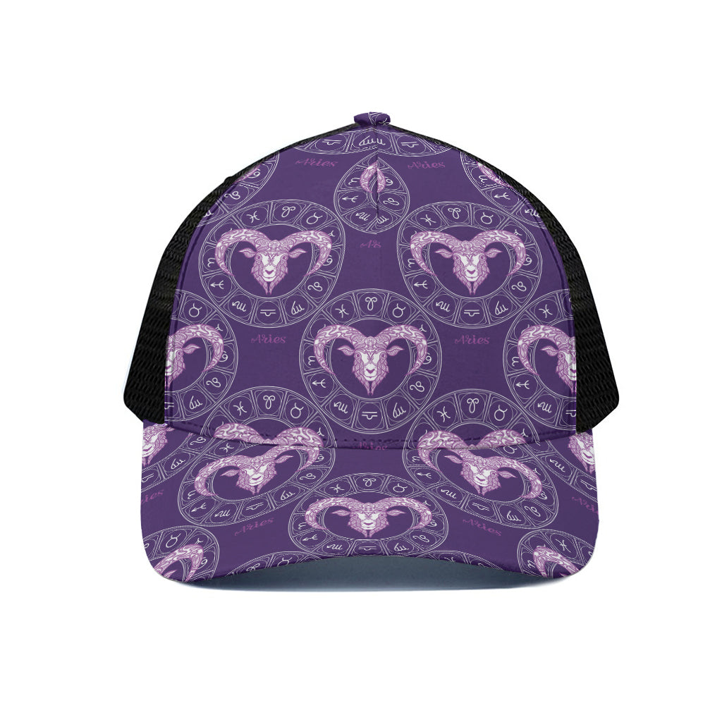Purple Aries Zodiac Pattern Print Black Mesh Trucker Cap