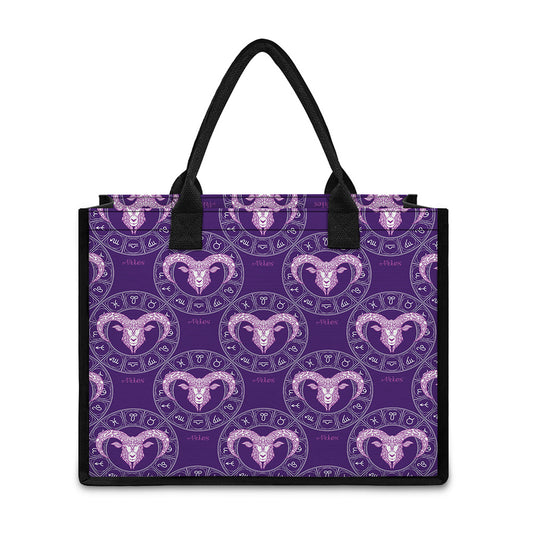 Purple Aries Zodiac Pattern Print Canvas Tote Bag