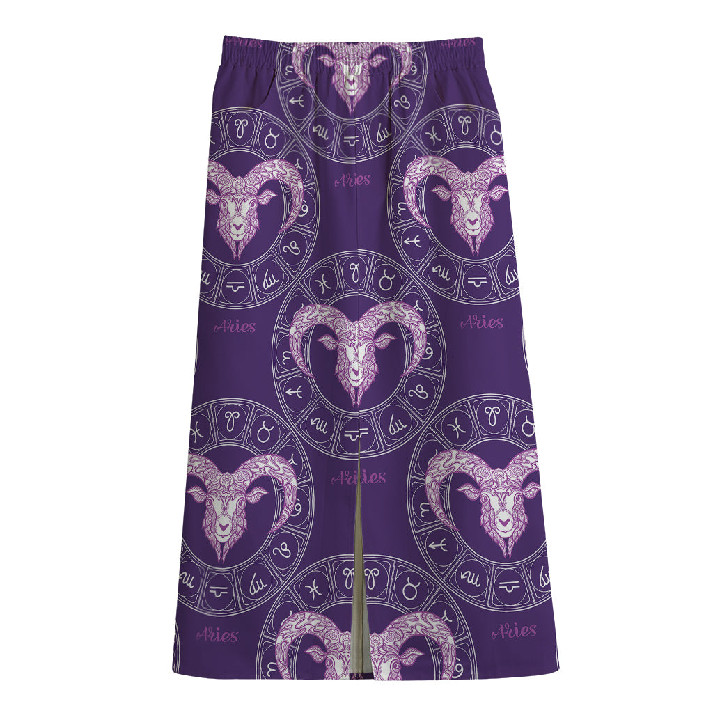 Purple Aries Zodiac Pattern Print Cotton Front Slit Maxi Skirt