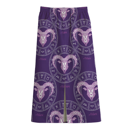 Purple Aries Zodiac Pattern Print Cotton Front Slit Maxi Skirt