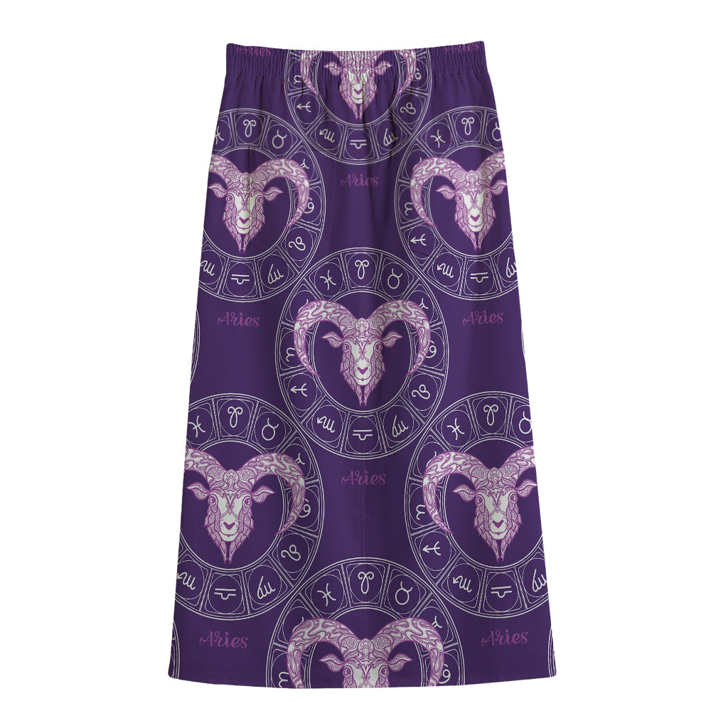 Purple Aries Zodiac Pattern Print Cotton Front Slit Maxi Skirt