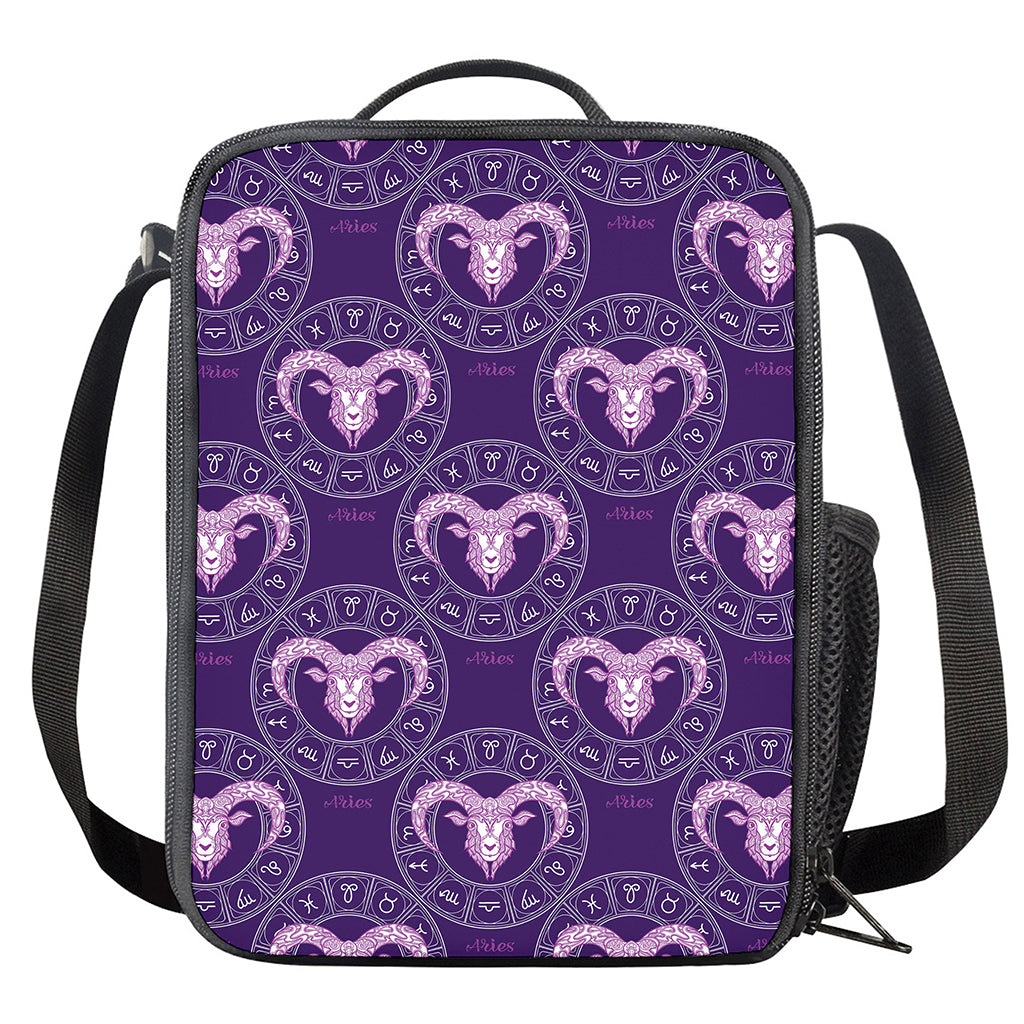 Purple Aries Zodiac Pattern Print Crossbody Lunch Bag
