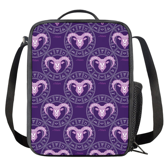 Purple Aries Zodiac Pattern Print Crossbody Lunch Bag