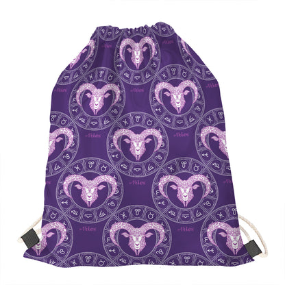 Purple Aries Zodiac Pattern Print Drawstring Bag