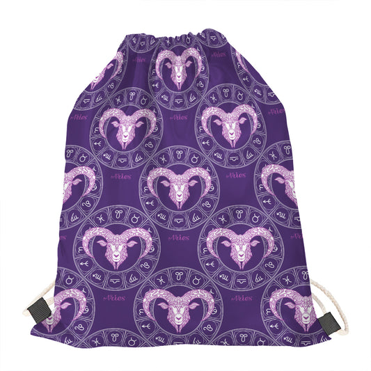 Purple Aries Zodiac Pattern Print Drawstring Bag