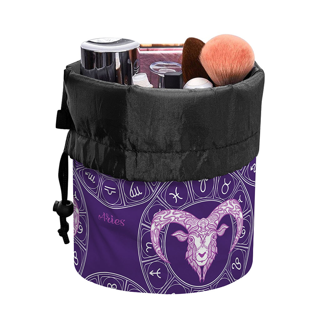 Purple Aries Zodiac Pattern Print Drawstring Makeup Bag