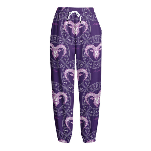 Purple Aries Zodiac Pattern Print Fleece Lined Knit Pants