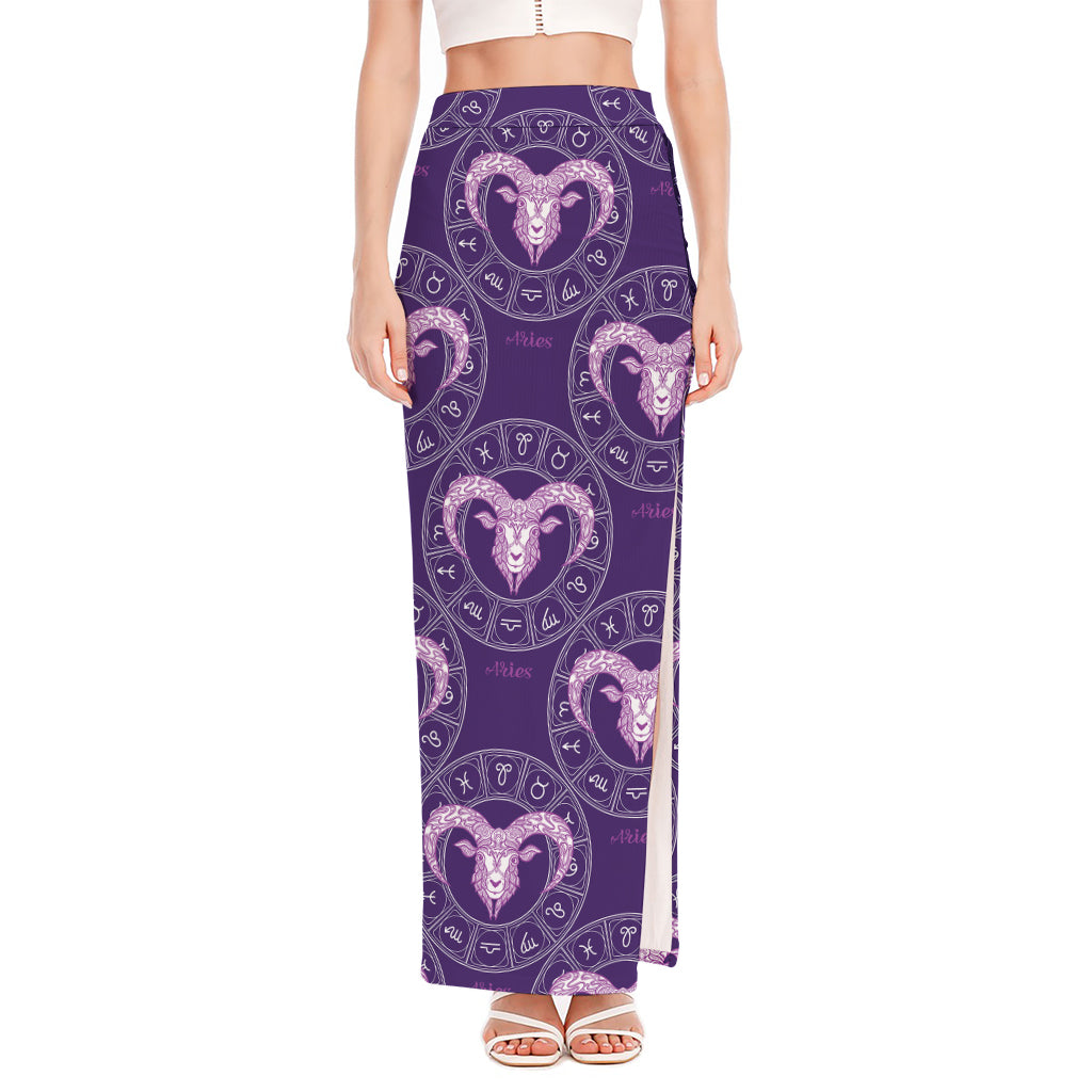 Purple Aries Zodiac Pattern Print High Slit Maxi Skirt