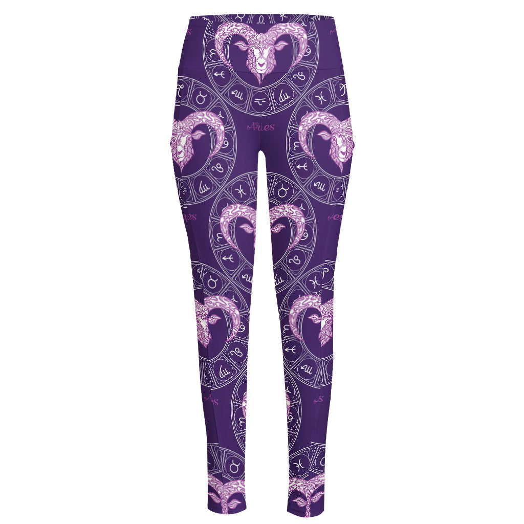 Purple Aries Zodiac Pattern Print High-Waisted Pocket Leggings