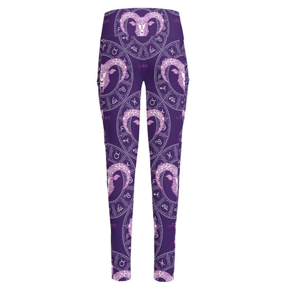 Purple Aries Zodiac Pattern Print High-Waisted Pocket Leggings