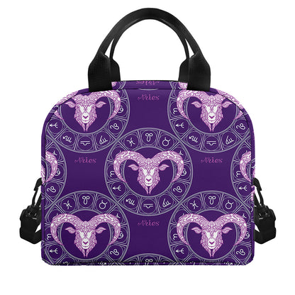 Purple Aries Zodiac Pattern Print Insulated Lunch Bag