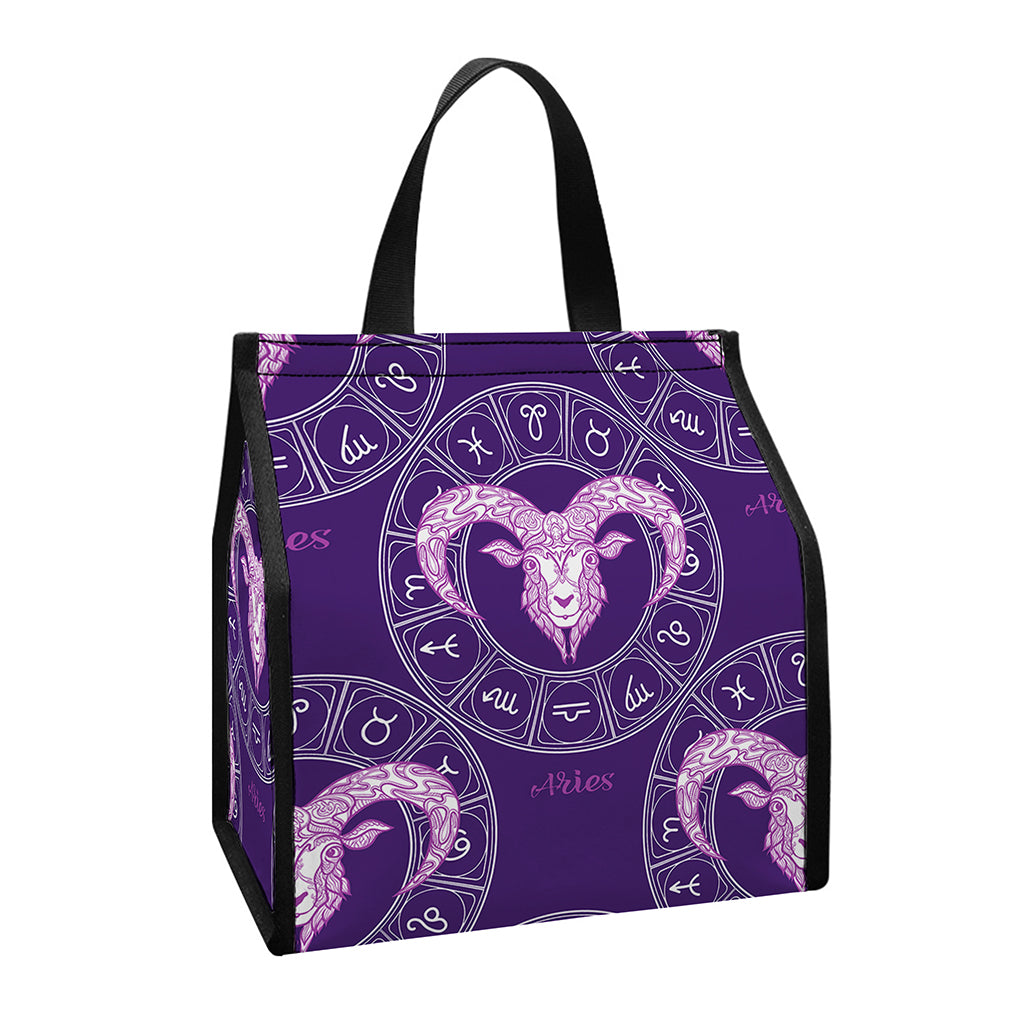 Purple Aries Zodiac Pattern Print Insulated Lunch Tote