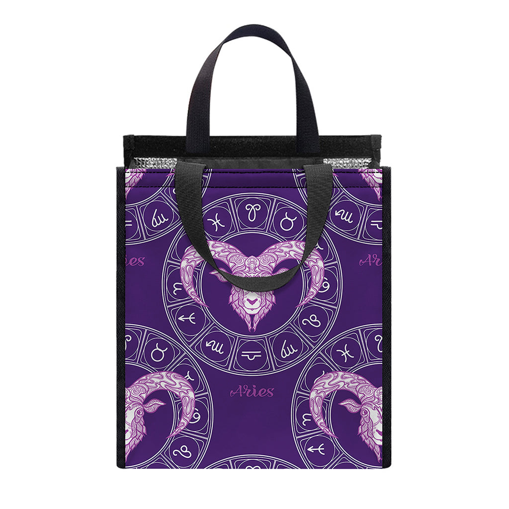 Purple Aries Zodiac Pattern Print Insulated Lunch Tote