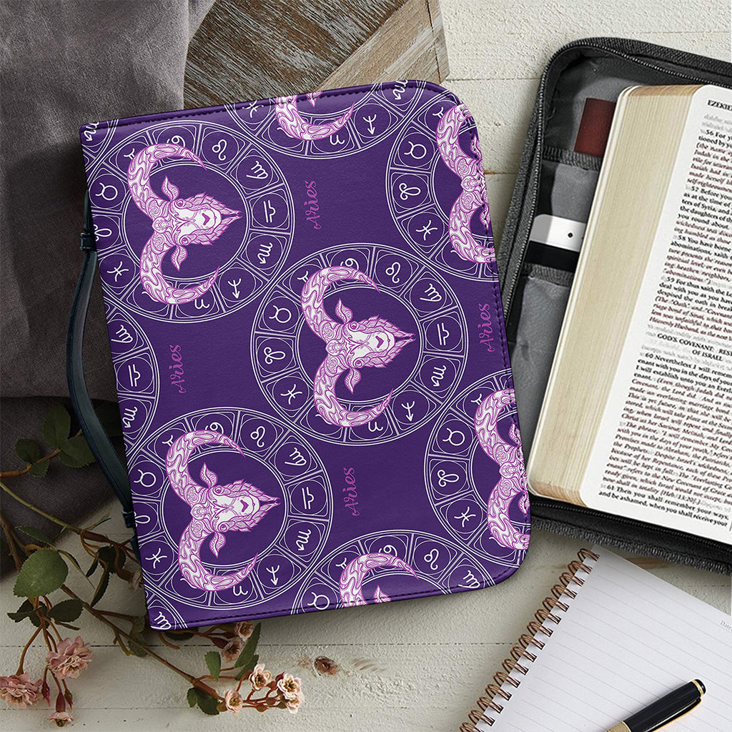 Purple Aries Zodiac Pattern Print Leather Bible Cover