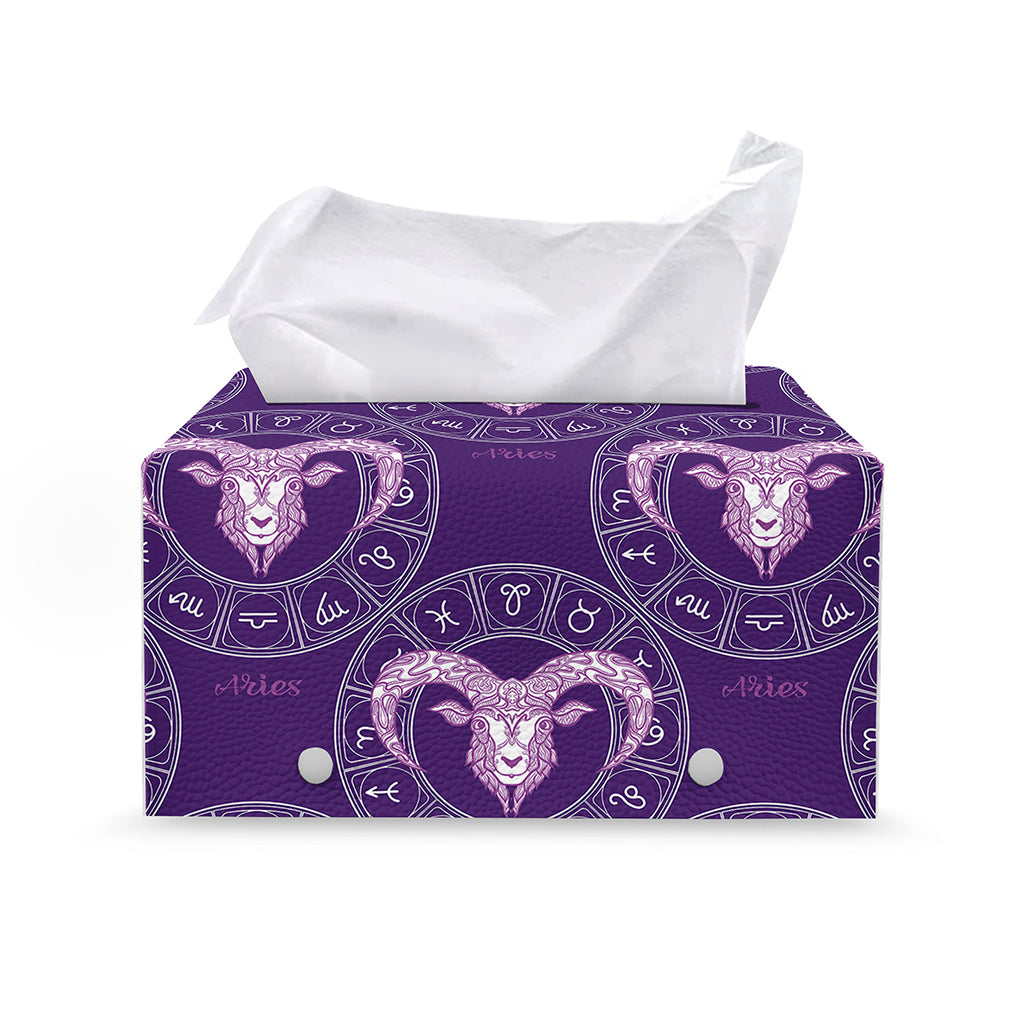 Purple Aries Zodiac Pattern Print Leather Tissue Box Cover