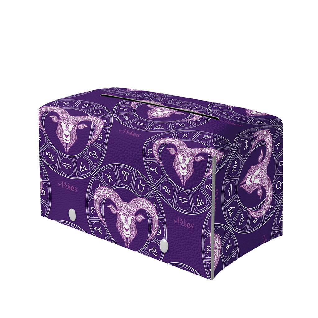 Purple Aries Zodiac Pattern Print Leather Tissue Box Cover
