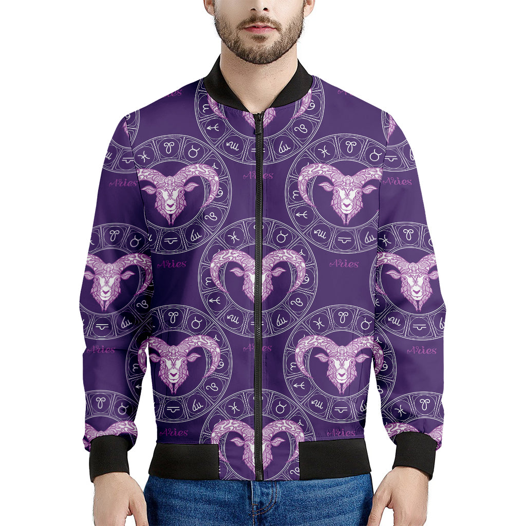 Purple Aries Zodiac Pattern Print Men's Bomber Jacket