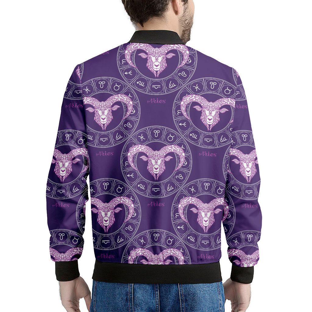 Purple Aries Zodiac Pattern Print Men's Bomber Jacket