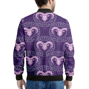 Purple Aries Zodiac Pattern Print Men's Bomber Jacket