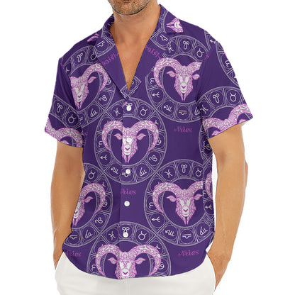Purple Aries Zodiac Pattern Print Men's Deep V-Neck Shirt