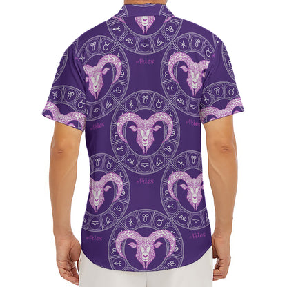 Purple Aries Zodiac Pattern Print Men's Deep V-Neck Shirt