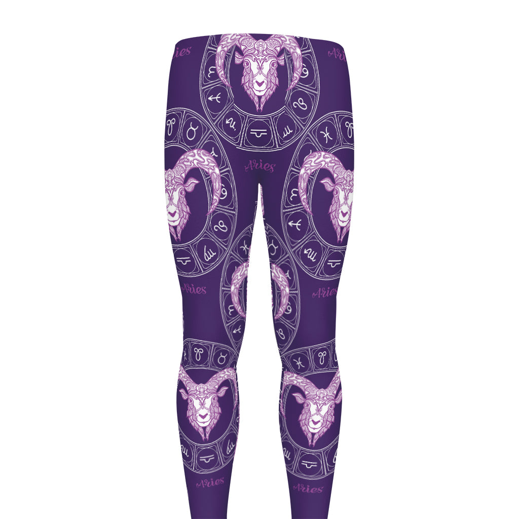Purple Aries Zodiac Pattern Print Men's leggings