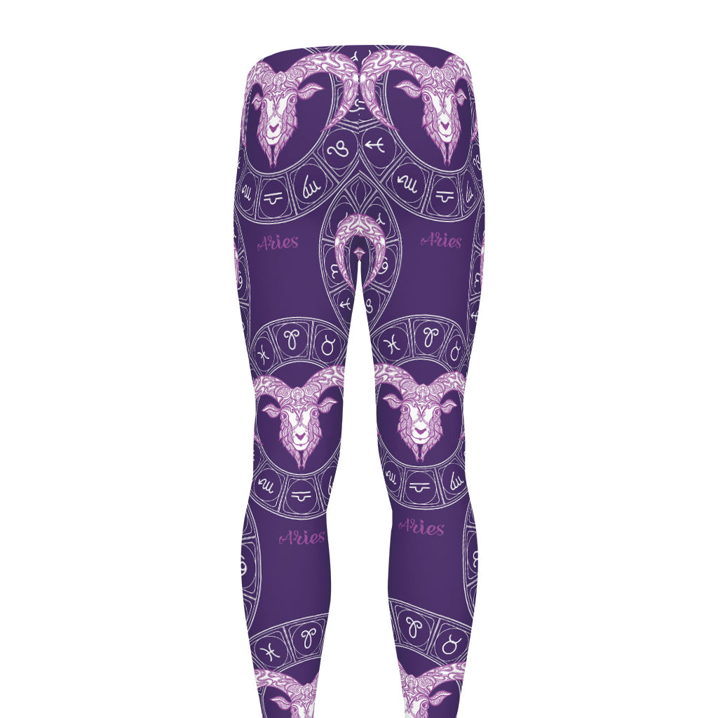Purple Aries Zodiac Pattern Print Men's leggings