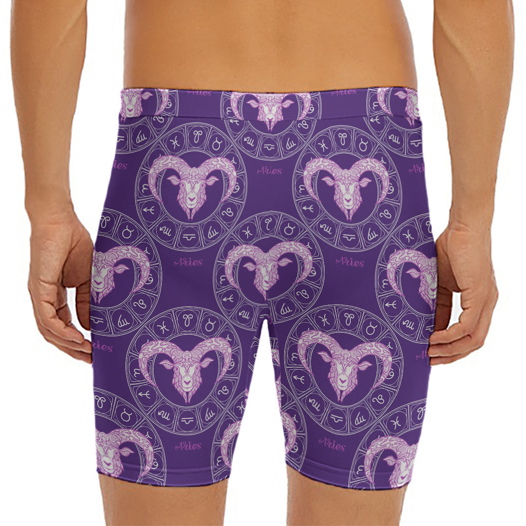 Purple Aries Zodiac Pattern Print Men's Long Boxer Briefs