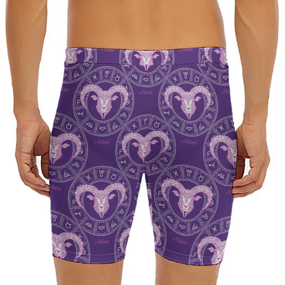 Purple Aries Zodiac Pattern Print Men's Long Boxer Briefs