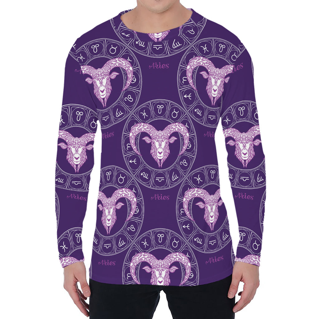 Purple Aries Zodiac Pattern Print Men's Long Sleeve T-Shirt