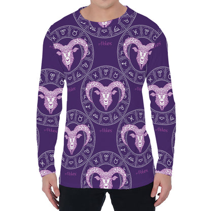 Purple Aries Zodiac Pattern Print Men's Long Sleeve T-Shirt