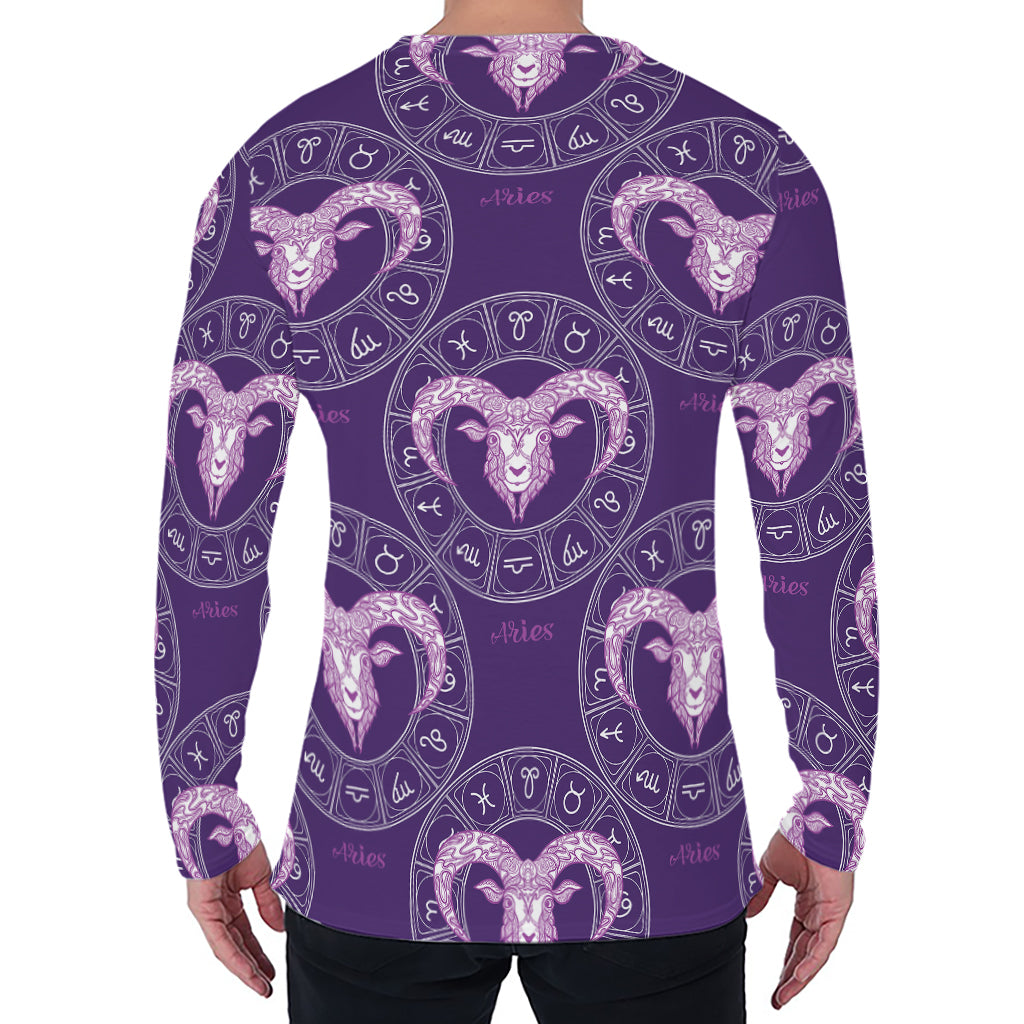 Purple Aries Zodiac Pattern Print Men's Long Sleeve T-Shirt