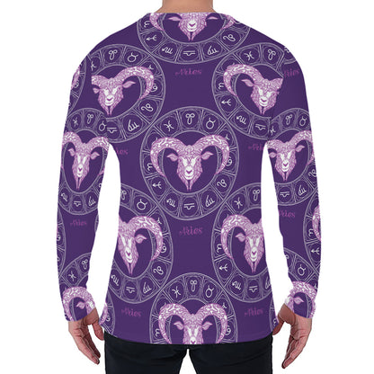 Purple Aries Zodiac Pattern Print Men's Long Sleeve T-Shirt