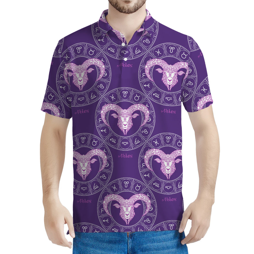Purple Aries Zodiac Pattern Print Men's Polo Shirt